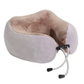 Beige plush u shaped massage pillow neck device with adjustable strap and soft interior lining for travel comfort