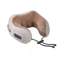 White plush u shaped shaped massage pillow neck device in beige and tan with illuminated control panel buttons
