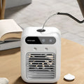 White portable air conditioner mini cooler fan with digital display control buttons and front grille airflow design