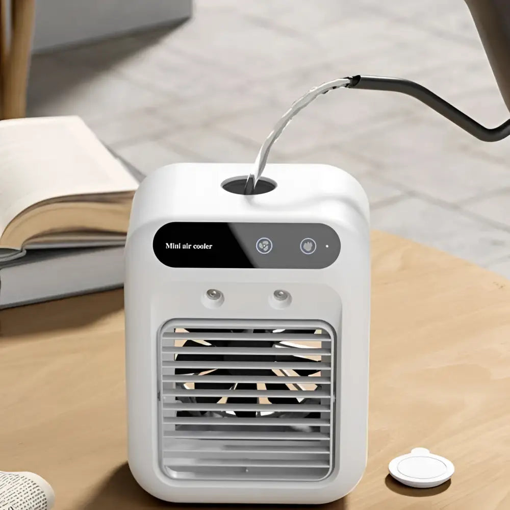 White portable air conditioner mini cooler fan with digital display control buttons and front grille airflow design
