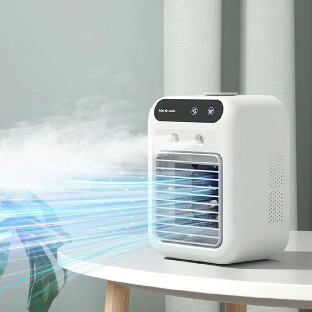 White portable air conditioner mini cooler fan with sleek rectangular design and black control panel for cool airflow