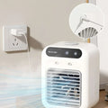 White portable air conditioner mini cooler fan with sleek rectangular design and black control panel with illuminated icons