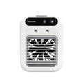 White portable air conditioner mini cooler fan with black control panel and silver grille over the fan