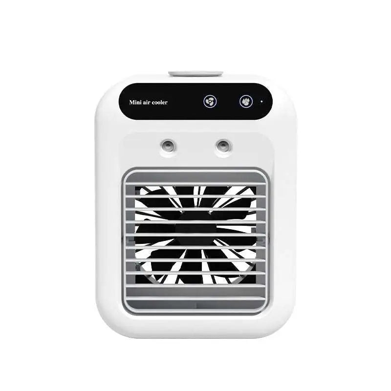 White portable air conditioner mini cooler fan with black control panel and silver grille over the fan