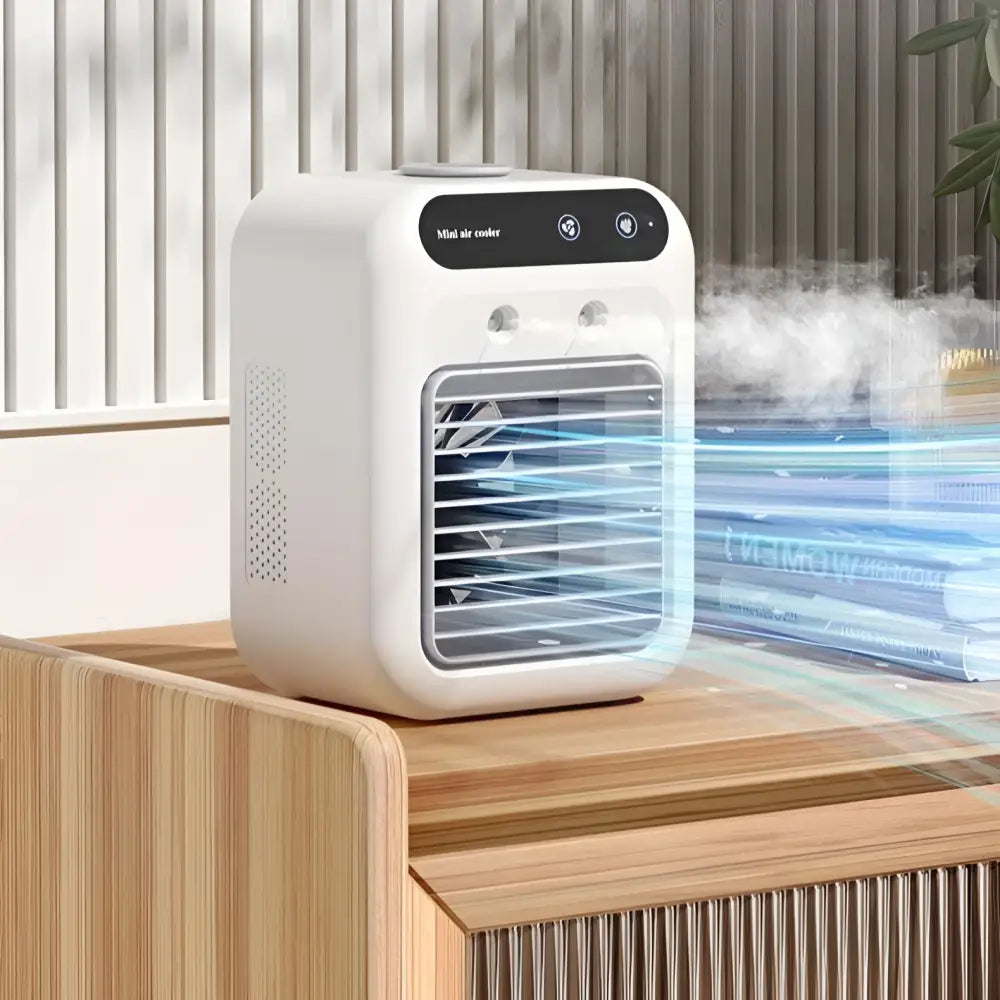 White portable air conditioner mini cooler fan with sleek rectangular design and black control panel for cool airflow