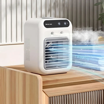 White portable air conditioner mini cooler fan with sleek rectangular design and black control panel for cool airflow