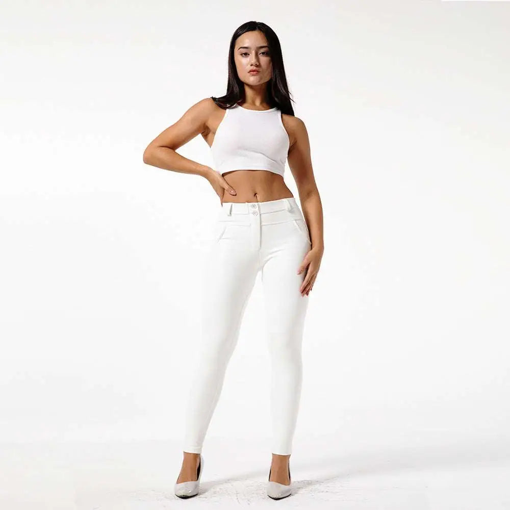White pu leather high waisted skinny leather fitness pants with a sleek form fitting design in white color