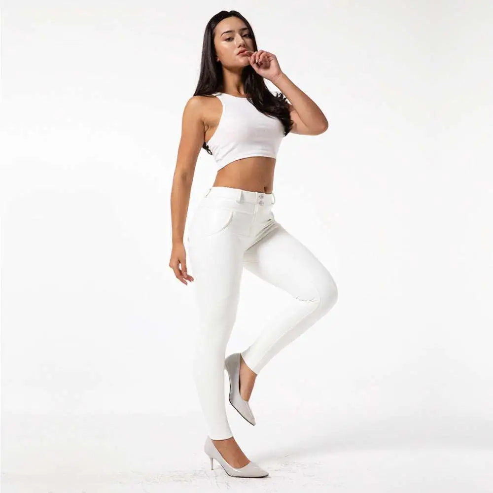 White pu leather high waisted skinny leather fitness pants with a sleek form fitting design in white color