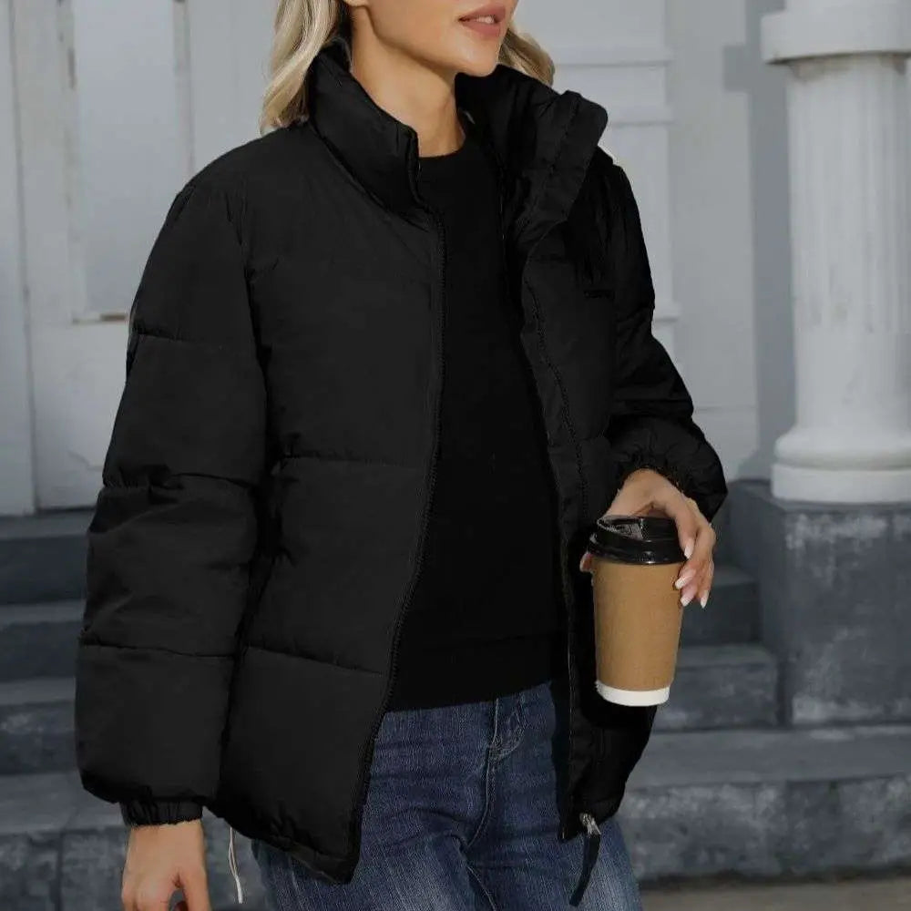 Black puffer winter coat for women casual windproof use with high collar and quilted design