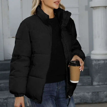 Black puffer winter coat for women casual windproof use with high collar and quilted design