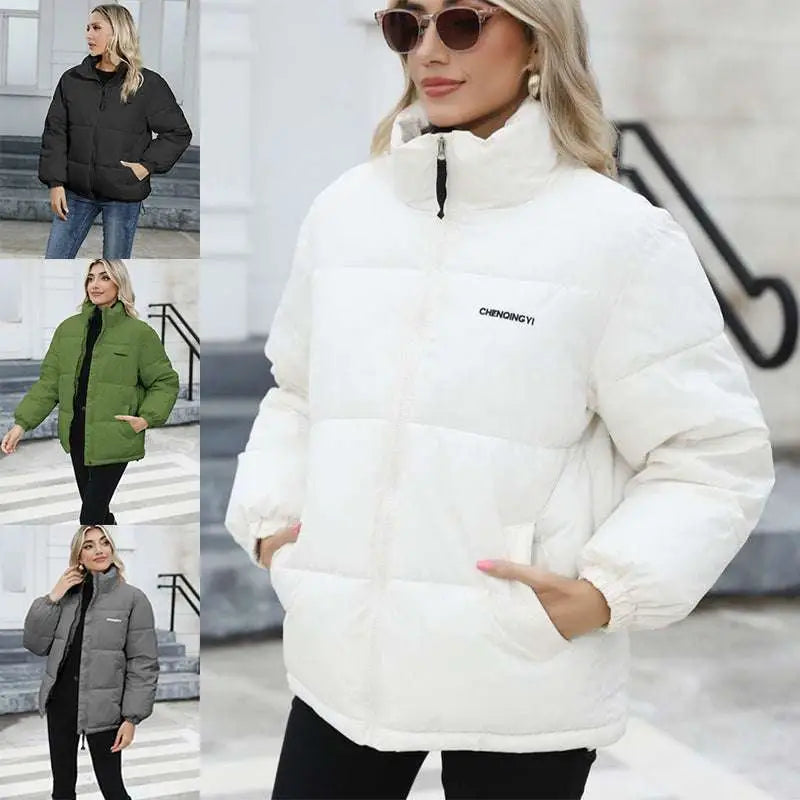 White puffer winter coat for women casual windproof jacket with high collar and chennoingyi logo on left chest