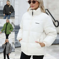 White puffer winter coat for women casual windproof jacket with high collar and chennoingyi logo on left chest