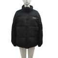 Black puffer winter coat for women casual windproof with high collar and quilted design featuring yumm logo