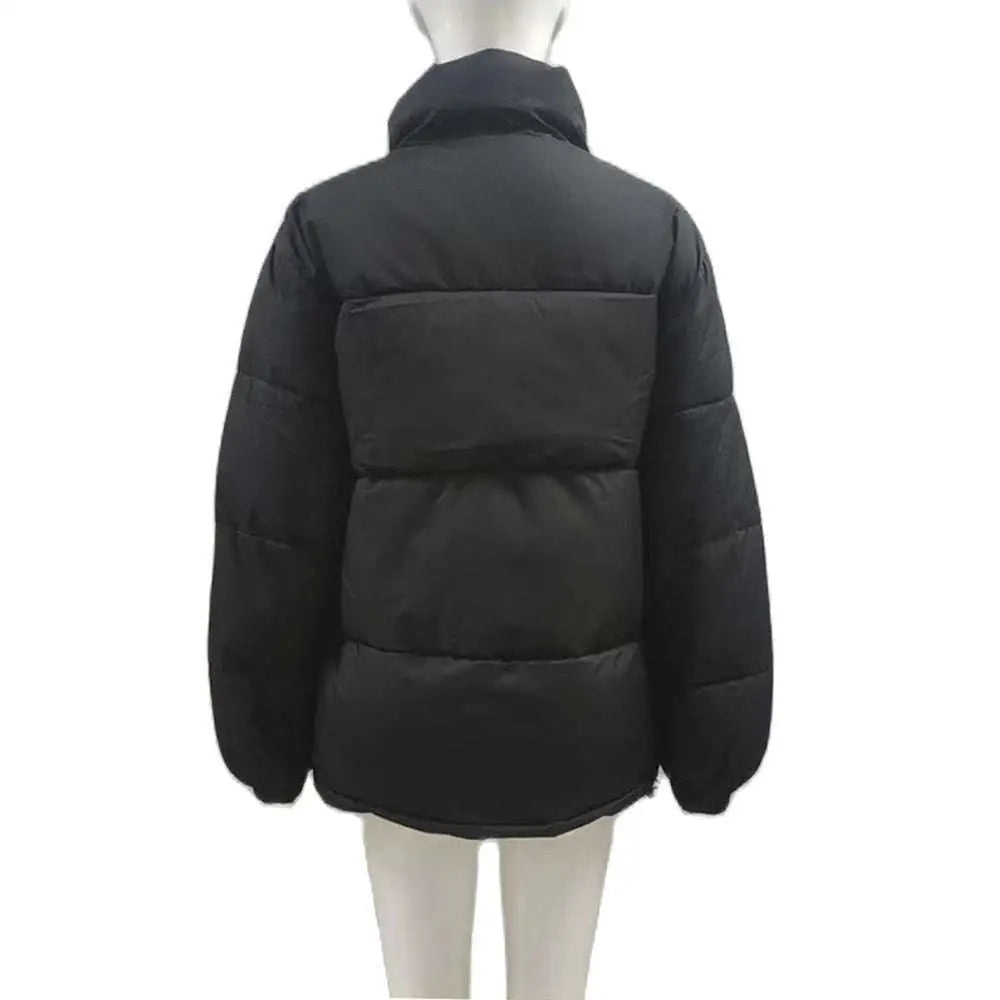 White puffer winter coat for women casual windproof jacket with high collar and chennoingyi logo on left chest