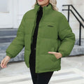 Olive green women casual windproof puffer winter coat with high collar black zipper and embroidered logo on chest