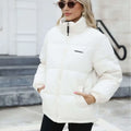White puffer winter coat for women casual windproof with black zipper high collar and embroidered brand logo on chest