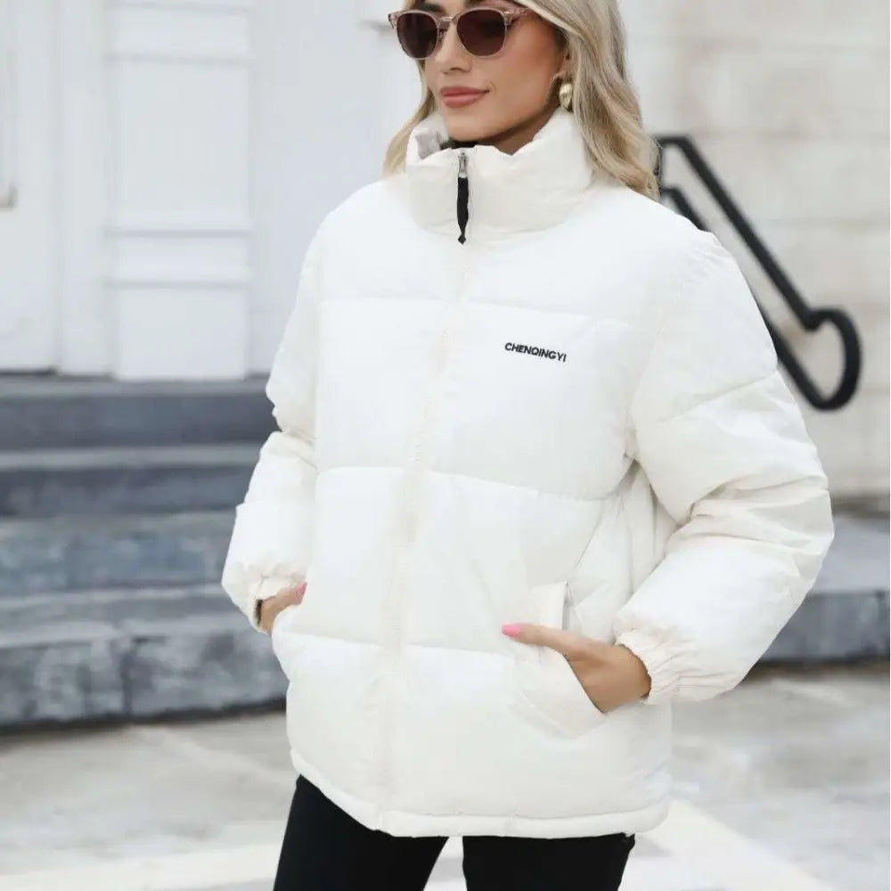 White puffer winter coat for women casual windproof with black zipper high collar and embroidered brand logo on chest