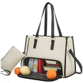 White quilted insulated lunch bag with leather trim featuring a beige quilted leather tote style and spacious interior for food storage