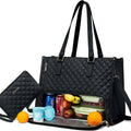 Black quilted laptop tote bag with detachable shoulder strap and front zippered compartment with leather trim