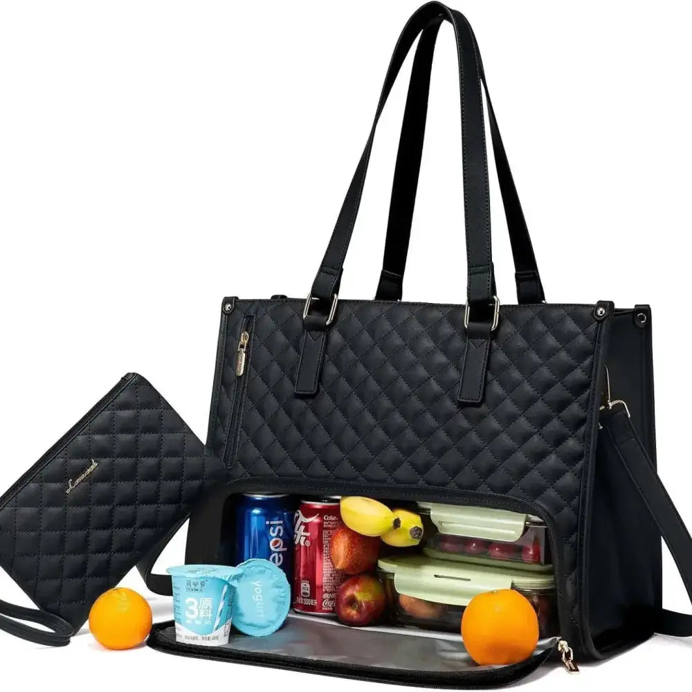 Black quilted laptop tote bag with detachable shoulder strap and front zippered compartment with leather trim