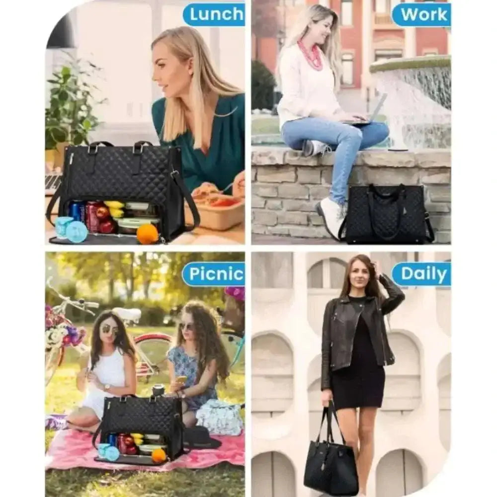 Black quilted leather tote bag with dual top handles and detachable shoulder strap with leather trim