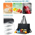 Black quilted insulated lunch bag with leather trim features thick thermal walls to keep food warm or fresh hours