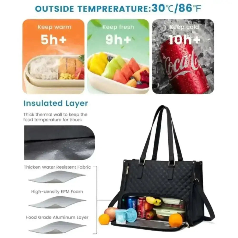 Black quilted insulated lunch bag with leather trim features thick thermal walls to keep food warm or fresh hours