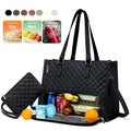 Black quilted insulated lunch bag with multiple compartments for food storage and leather trim detailing