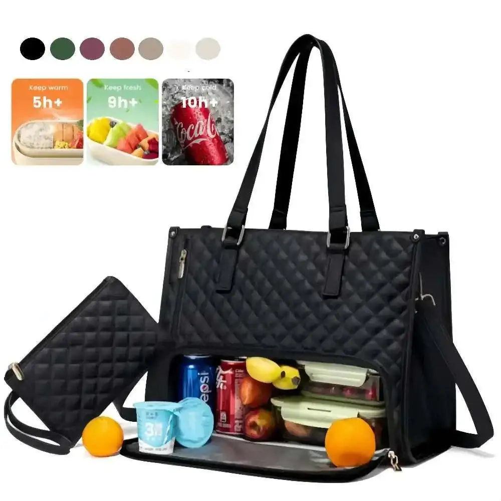 Black quilted insulated lunch bag with multiple compartments for food storage and leather trim detailing