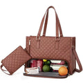 Brown quilted leather tote bag with matching detachable pouch complements white quilted insulated lunch bag with leather trim