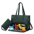 Dark green quilted leather picnic tote with detachable strap and pouch paired with white quilted insulated lunch bag with leather trim