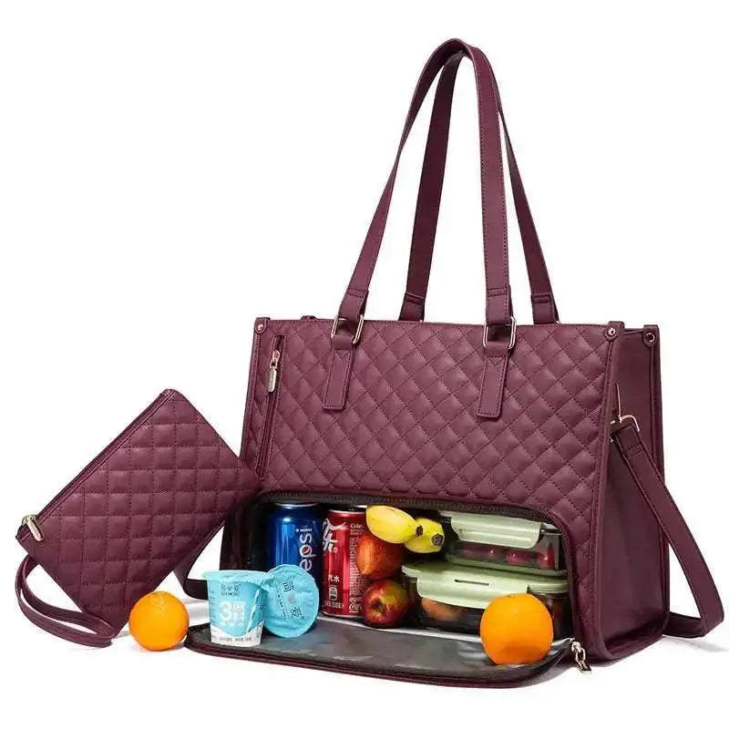 Maroon quilted leather insulated lunch bag with detachable shoulder strap and matching clutch with leather trim