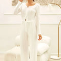 White ribbed knit fashion cardigan long sleeve with pleated design and matching wide-leg pants set in white color