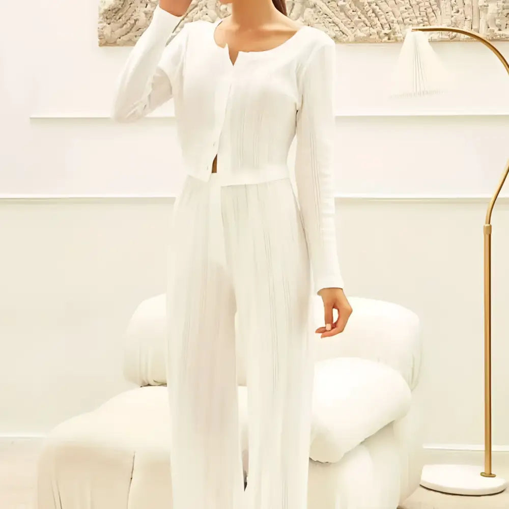 White ribbed knit fashion cardigan long sleeve with pleated design and matching wide-leg pants set in white color
