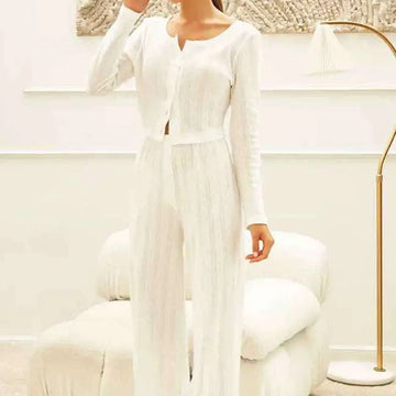 White ribbed knit fashion cardigan with long sleeves button front and square neckline in ribbed knit material