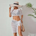 White ribbed knitted beach bikini set in white sheer crochet with horizontal ribbed texture and side slit detail