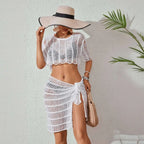 White ribbed knitted beach bikini set in white sheer crochet with horizontal ribbed texture and side slit detail