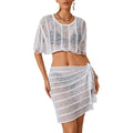 White ribbed knitted semi-transparent crochet beach bikini set with cropped top and wrap skirt for beachwear