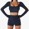 Navy blue ribbed long sleeve crop top and high waisted shorts set featuring chest pad slim fit for yoga