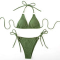 Olive green ribbed sexy bikini set with tie thong bandage strings and gold metal ring accents