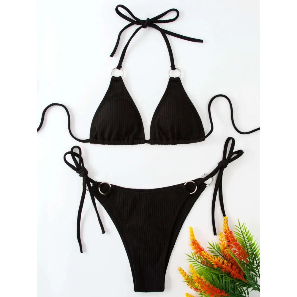 Black ribbed sexy bikini set with silver metal rings and tied straps featuring thong bandage design
