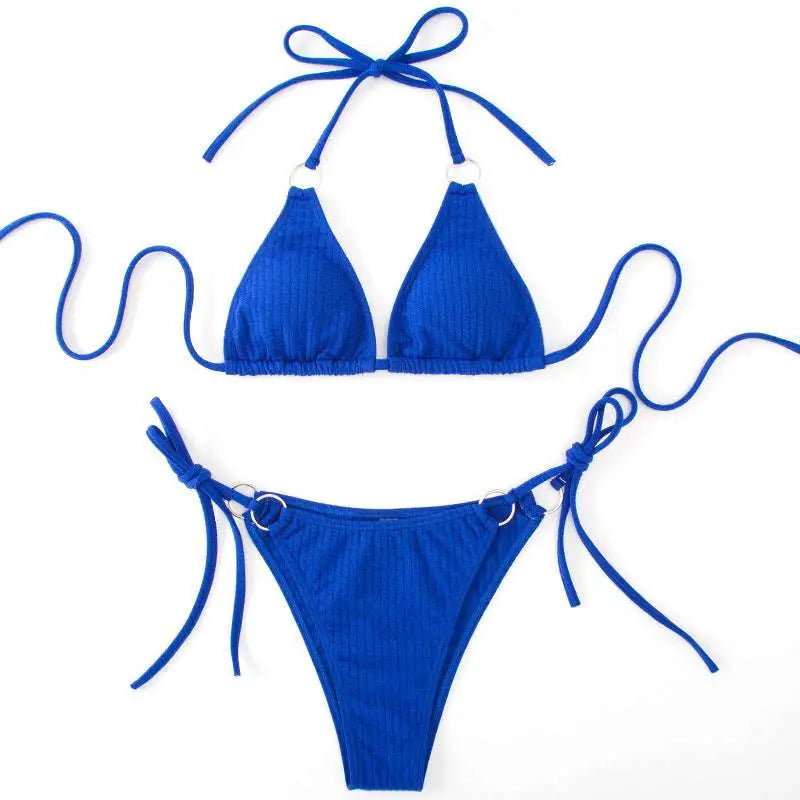 Vibrant royal blue ribbed sexy bikini set with adjustable tie thong bandage and silver-toned metal rings