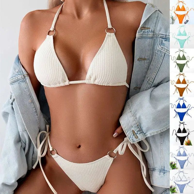 White ribbed sexy bikini set with gold ring accents and adjustable tie thong bandage for a flattering fit