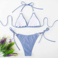 Light blue ribbed sexy bikini set with white triangle top and adjustable tie thong bandage bottom