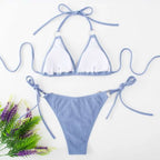 Light blue ribbed sexy bikini set with white triangle top and adjustable tie thong bandage bottom