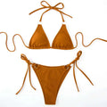 Ribbed sexy bikini set in mustard yellow featuring a triangle top with adjustable ties and thong bandage bottom with silver rings
