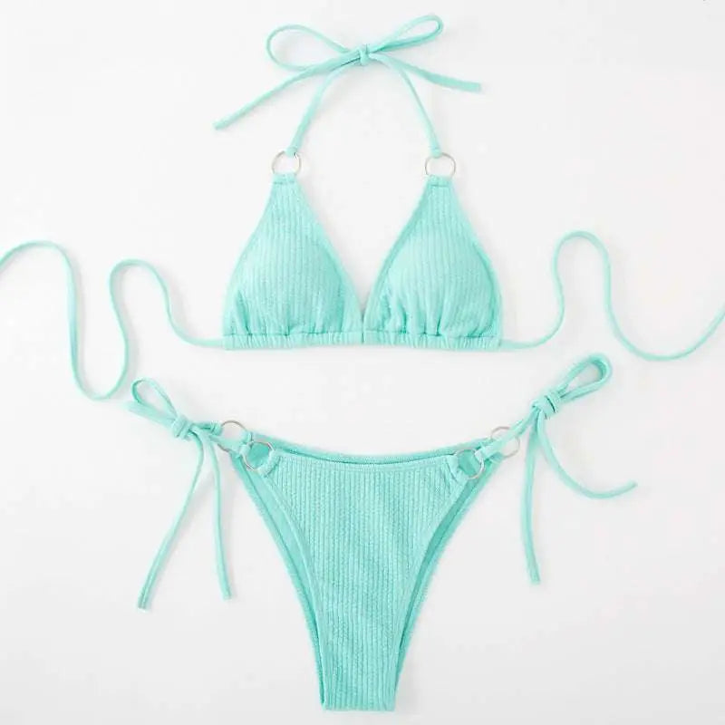 Mint green ribbed sexy bikini set with silver ring accents and adjustable tie thong bandage for beachwear