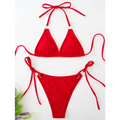 Red ribbed sexy bikini set with adjustable tie thong bandage and silver ring accents in triangle design