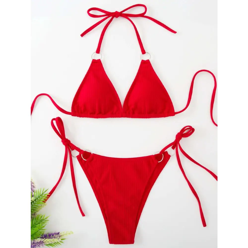 Red ribbed sexy bikini set with adjustable tie thong bandage and silver ring accents in triangle design