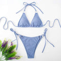 Light blue ribbed sexy bikini set with adjustable tie thong bandage straps and silver toned metal rings